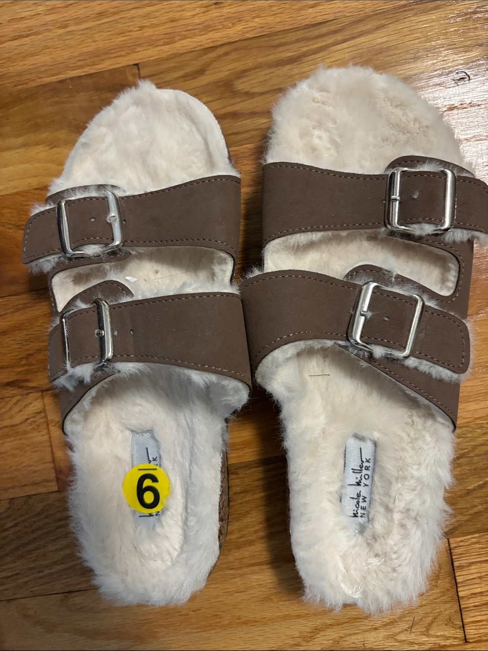 Faux-Fur Lined Brown Slide Slippers with Adjustable Buckles